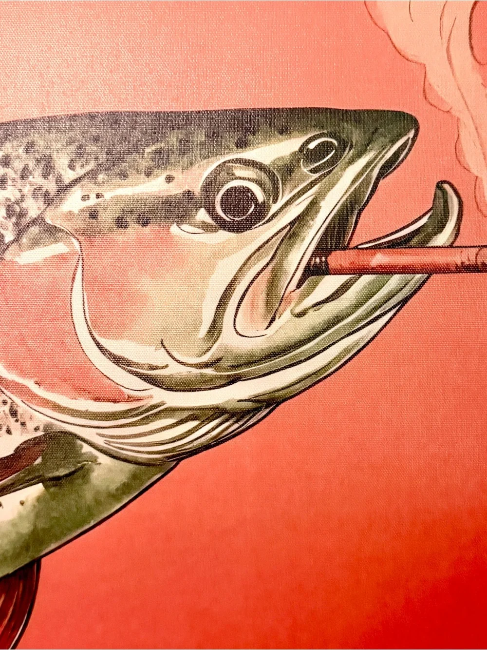 Trout Fish Smoking a Cigarette Vintage Style Canvas Wall Art Print Hanger Framed
